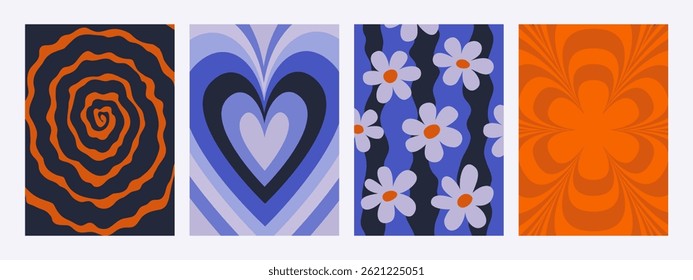 Abstract psychedelic retro pattern set. Groovy backgrounds with daisy and heart patterns. Trendy hippie vector texture in abstract y2k style. Vector graphic for posters and art prints.