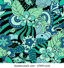 Abstract psychedelic seamless pattern. Black blue green summer floral background.