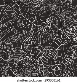 Abstract psychedelic seamless pattern. Black and white summer floral background.