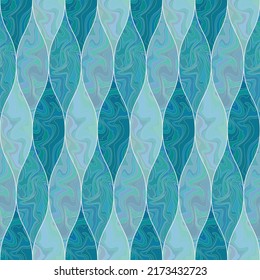 Abstract psychedelic seamless pattern of blue curved tiles with liquid fluid wavy texture