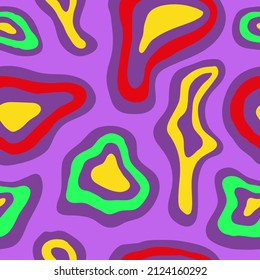 Abstract psychedelic seamless pattern with bright colorful  liquid shapes or spotted on a purple background. Trendy vector illustration