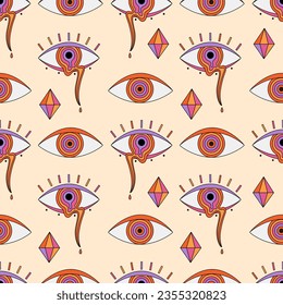 Abstract psychedelic seamless pattern with eye illustrations in 70s and 80s style. Hypnosis concept background, trippy art. Vintage hippie texture. Groovy vector graphic. 