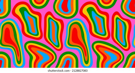 Abstract Psychedelic Seamless Pattern Illustration With Colorful LSD Trippy Shapes In Retro Art Style. 60s Hippie Or Drug Concept Background Design.