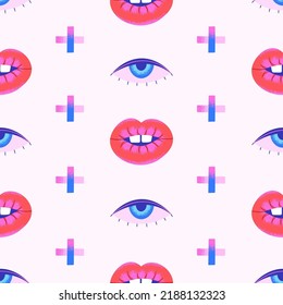 Abstract psychedelic seamless pattern with lips, eyes and crosses on white background. Contemporary surface design. Wrapping paper, wallpaper, textiles. Vector illustration
