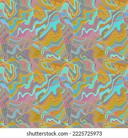 Abstract psychedelic seamless pattern. Mosaic of wavy textured tiles, in yellow, gold, purple, pink, blue, gray colors