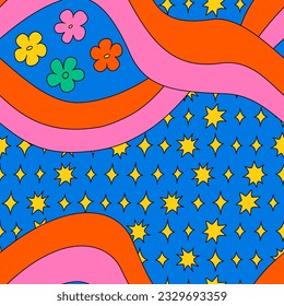 Abstract psychedelic seamless pattern with wavy shapes, stars and daisy flowers. Kid core aesthetic. Colorful vector trippy and groovy background