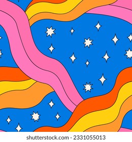 Abstract psychedelic seamless pattern with wavy shapes and stars. Groovy and trippy vector background