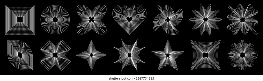 Abstract psychedelic set in trendy metallic chrome style of the 90s, 2000s. Futuristic shapes, star, circle, heart. Vector.