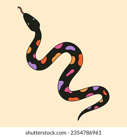 Abstract psychedelic snake illustration in 70s and 80s style. Trippy animal art. Vintage hippie drawing. Groovy vector graphic. 