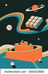 Abstrakte psychedelische Weltraumillustration, geometrische Formen, Planeten und Sterne