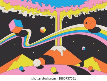 Abstract Psychedelic Space Illustration, Geometric Shapes, Vintage Colors, Volcano, Mountains