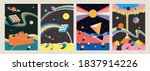 Abstract Psychedelic Space Illustration Set, Geometrical Shapes, Vintage Colors