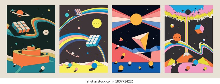 Abstract Psychedelic Space Illustration Set, Geometrical Shapes, Vintage Colors