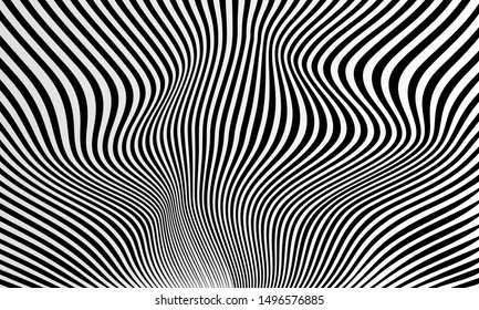 Abstract psychedelic striped background. Black and white zebra pattern backdrop.