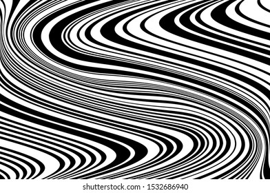 Abstract psychedelic stripes for digital wallpaper design. Line art pattern. Trendy texture. Monochrome design. Vector print template. Geometry curve lines pattern. Futuristic concept.