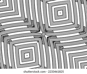 Abstrakte psychedelische Streifen für digitales Tapete-Design. Line Art Muster. Einfarbiges Design. Vektorgrafik-Vorlage. Geometrisches Kurvenlinienmuster. Futuristisches Konzept