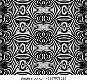 Resumen de rayas psicodélicas para el diseño digital de papel pintado. Patrón de arte de línea. Textura de moda. Diseño monocromo. Plantilla de impresión de vectores. Patrón de líneas de curva geométrica. Concepto futurista