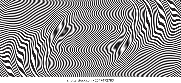 Abstract psychedelic stripes for digital wallpaper design. Vortex form. Trendy texture. Monochrome design.Black and white. Geometry curve lines pattern. Futuristic concept