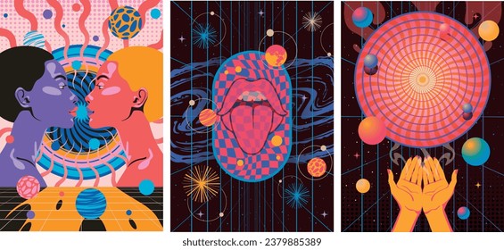 Abstract Psychedelic Style Bright Colors Creative Perspective Posters Set