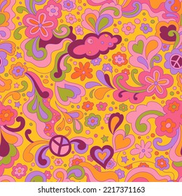 Abstract psychedelic surface pattern design for textile , stationery, wrapping paper. Colorful retro seamless pattern with hand drawn groovy elements and flowers. Vintage 60s hippie vector background