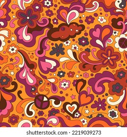 Abstract psychedelic surface pattern design for textile , stationery, wrapping paper. Colorful retro seamless pattern with hand drawn groovy elements and flowers. Vintage 60s hippie vector background