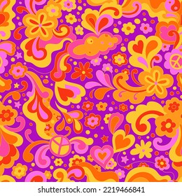 Abstract psychedelic surface pattern design for textile , stationery, wrapping paper. Colorful retro seamless pattern with hand drawn groovy elements and flowers. Vintage 60s hippie vector background