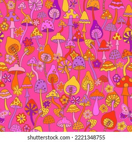 Abstract psychedelic surface pattern design. Colorful retro seamless pattern with hand drawn groovy elements, flowers and mushrooms. Vintage 60s hippie vector background
