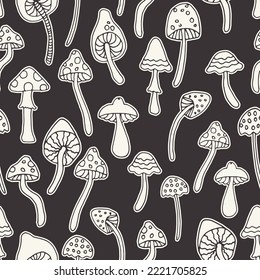 Abstract psychedelic surface pattern design. Retro seamless pattern with hand drawn groovy mushrooms. Vintage 60s hippie vector background
