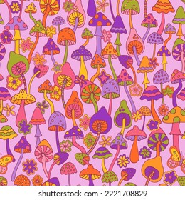 Abstract psychedelic surface pattern design. Colorful retro seamless pattern with hand drawn groovy elements, flowers and mushrooms. Vintage 60s hippie vector background