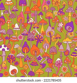 Abstract psychedelic surface pattern design. Colorful retro seamless pattern with hand drawn groovy elements, flowers and mushrooms. Vintage 60s hippie vector background