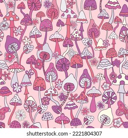 Abstract psychedelic surface pattern design. Colorful retro seamless pattern with hand drawn groovy elements, flowers and mushrooms. Vintage 60s hippie vector background