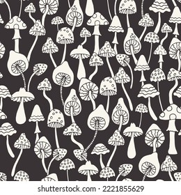 Abstract psychedelic surface pattern design. Retro seamless pattern with hand drawn groovy mushrooms. Vintage 60s hippie vector background