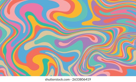An abstract psychedelic swirl pattern featuring flowing lines and vibrant colors in a retro 60s and 70s style. This fluid art design evokes movement and creativity.