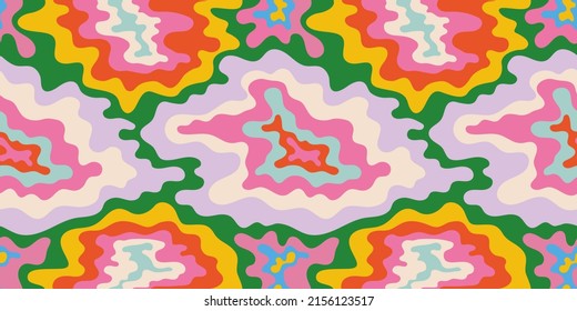 Abstract Psychedelic Tie Dye Seamless Pattern Illustration With Colorful LSD Trippy Shapes In Retro Art Style. 60s Hippie Or Drug Concept Background Design.