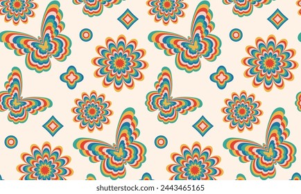 Abstraktes psychedelisches Bindefarben nahtloses Muster. Abstrakter naiver Retro Hippie 60er Jahre 70er Jahre Stil Hintergrund mit Schmetterlingen, Blumen, Funkeln, Samen, Kreise, organische Doodle-Formen.