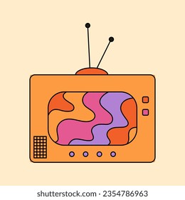 Abstract psychedelic tv with screen waves illustration in 70s and 80s style. Trippy art. Vintage hippie drawing. Groovy vector graphic. 