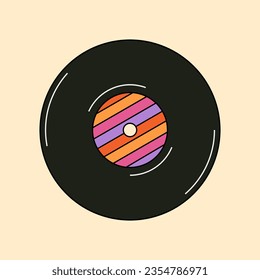 Abstract psychedelic vinyl record illustration in 70s and 80s style. Music concept, trippy art. Vintage hippie drawing. Groovy vector graphic. 