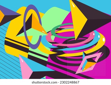 Abstract psychodelic background with geometric shapes. Retro banner and poster. Simple busy old cartoon volumetric vector. Vibrant geometrical graphic art illustration.