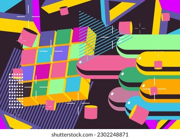 Abstract psychodelic background with geometric shapes. Retro banner and poster. Simple busy old cartoon volumetric vector. Vibrant geometrical graphic art illustration.
