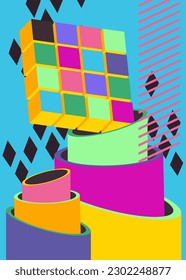 Abstract psychodelic background with geometric shapes. Retro banner and poster. Simple busy old cartoon volumetric vector. Vibrant geometrical graphic art illustration.