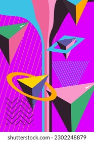 Abstract psychodelic background with geometric shapes. Retro banner and poster. Simple busy old cartoon volumetric vector. Vibrant geometrical graphic art illustration.