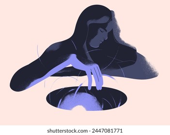 Abstract psychology concept. Depressed sad woman mourning. Mental health problem, spirit hole. Sadness and despair metaphor. Inner sorrow, grief and melancholy. Psychological flat vector illustration