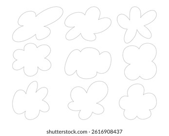 Abstract Puffy Flower Outline Shape. A collection of 9 abstract flower outline elements featuring playful organic shapes perfect for modern design, stickers, patterns, and kids' illustrations