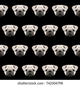 Abstract pug dog seamless pattern background. Cute pug dog portrait pattern for design textile, t shirt, veterinary clinic poster, gift card, bag print, art workshop advertising etc.