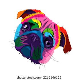 Abstract pug head portrait from multicolored paints. Colored drawing. Puppy muzzle portrait, dog muzzle. Vector illustration of paints