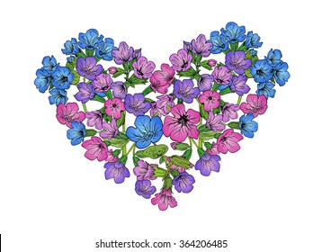 Abstract Pulmonaria flower heart shape design. Hand drawn vector illustration