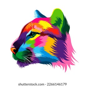 Abstract puma, cougar head portrait from multicolored paints. Colored drawing. Vector illustration of paints