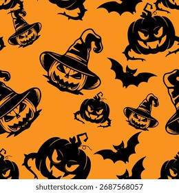 Abstract Pumpkin Halloween Pattern Background With Bat. Vector Illustration. Wallpaper.