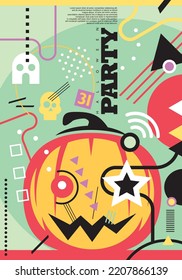 Abstract pumpkin head graphic with various geometric shapes and design elements. Contemporary poster design for Halloween party. Vector illustration.