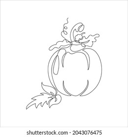 Abstract pumpkin with leaves drawn by one line. Isolated on white background. Continuous line art. Minimalism. Autumn vector illustration. 